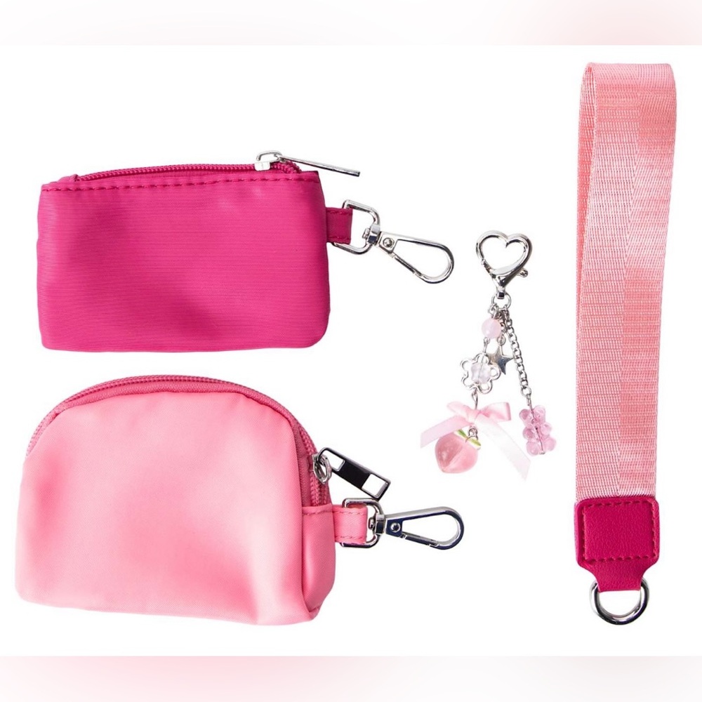 Double Purse Wristlet Keychain with Gummy Bear, Peach, Silver Heart, Bag Charm - Picture 3 of 12